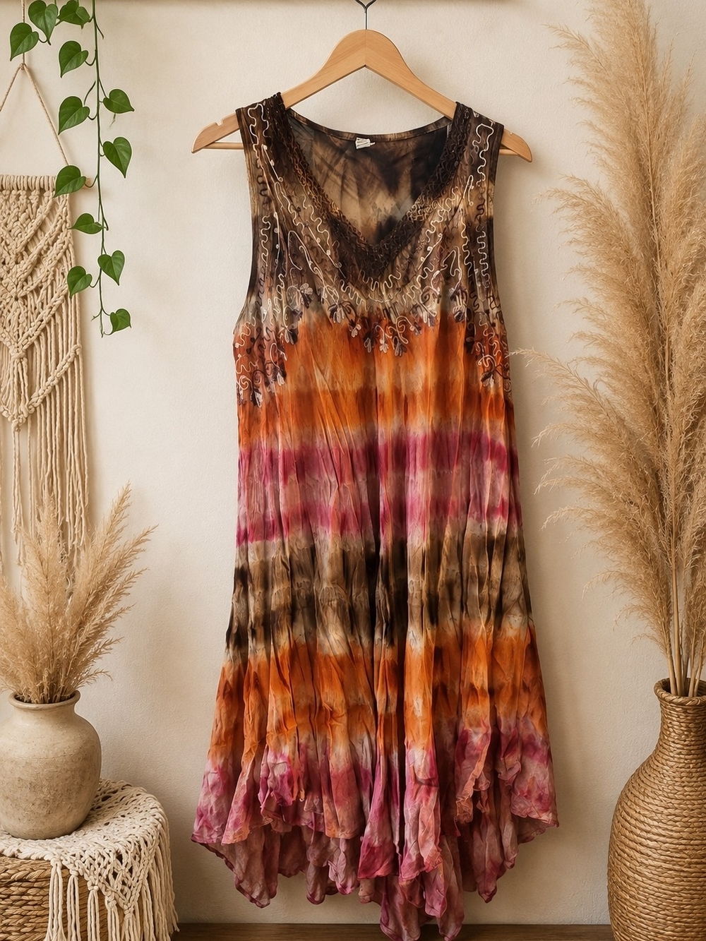 Bohemian Asymmetrical Tie-Dye Midi Dress in Orange, Brown & Pink